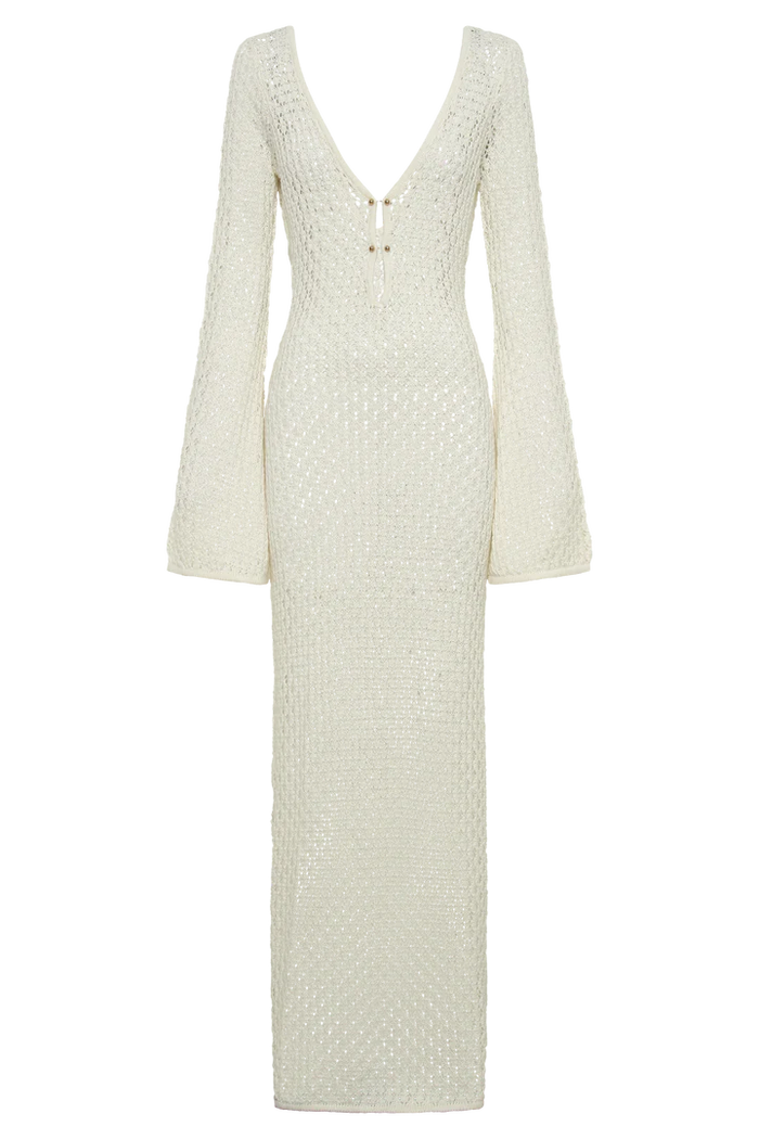 Women's Maxi Dress - Crochet Knit - V-Neck - Long Sleeves - Bohemian Elegant Look