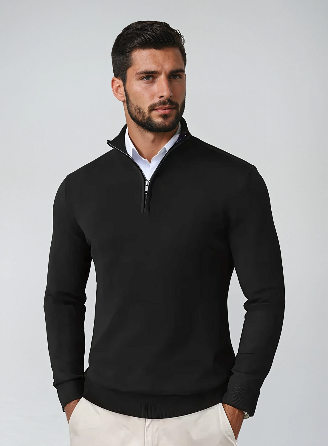 Cotton Blend Zip Collar Knit Pullover