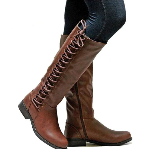 Lace-Up Faux Leather Flat Sole Knee-High Boots