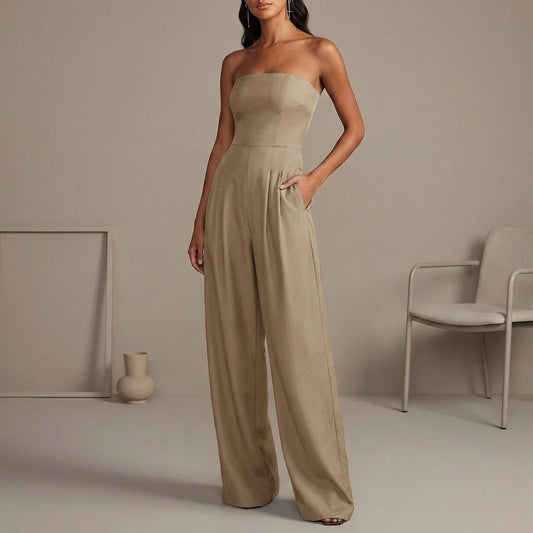 Strapless Wide Leg Jumpsuit with Structured Bodice and Pockets