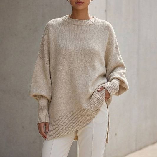 Knit Oversized Draped Poncho with Asymmetrical Hem and Fitted Sleeves