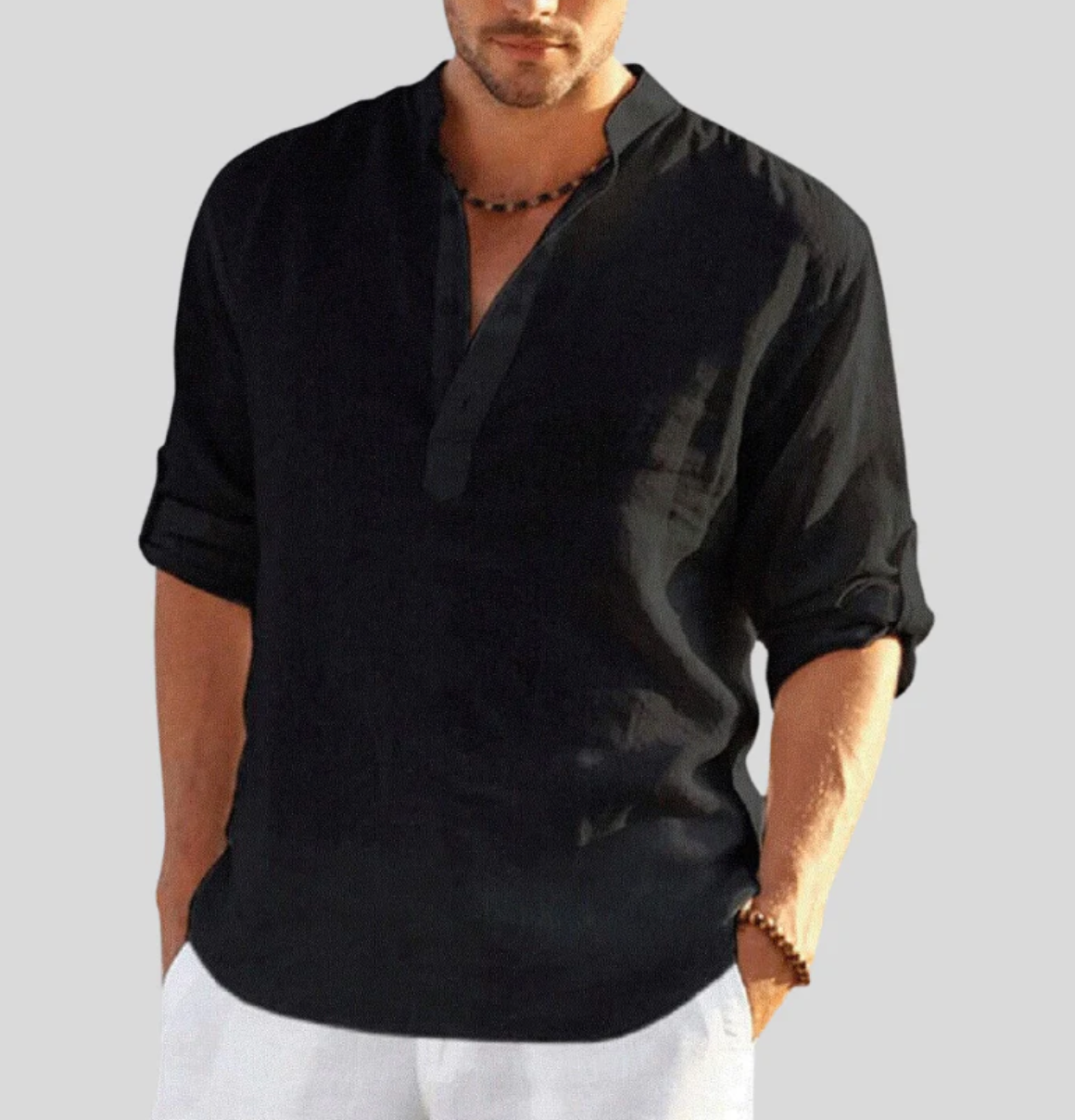 Men's Shirt – Relaxed Fit – Natural Fibers – Mandarin Collar – Long Sleeves