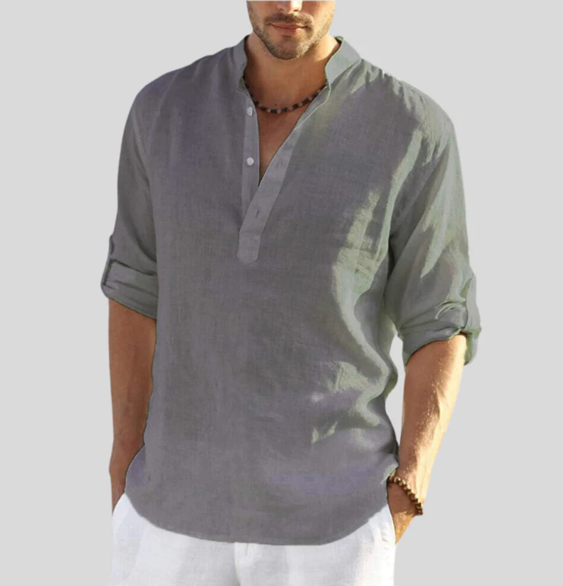 Men's Shirt – Relaxed Fit – Natural Fibers – Mandarin Collar – Long Sleeves