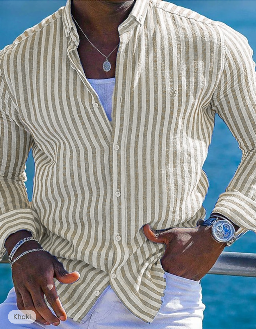 Men's Shirt - Slim Fit - Long Sleeves - Striped - Breathable Cotton/Linen