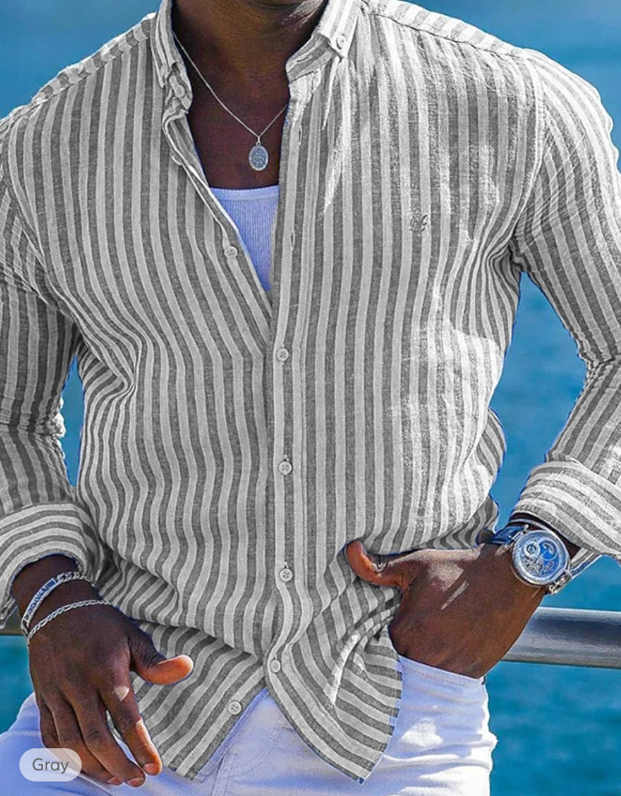 Men's Shirt - Slim Fit - Long Sleeves - Striped - Breathable Cotton/Linen