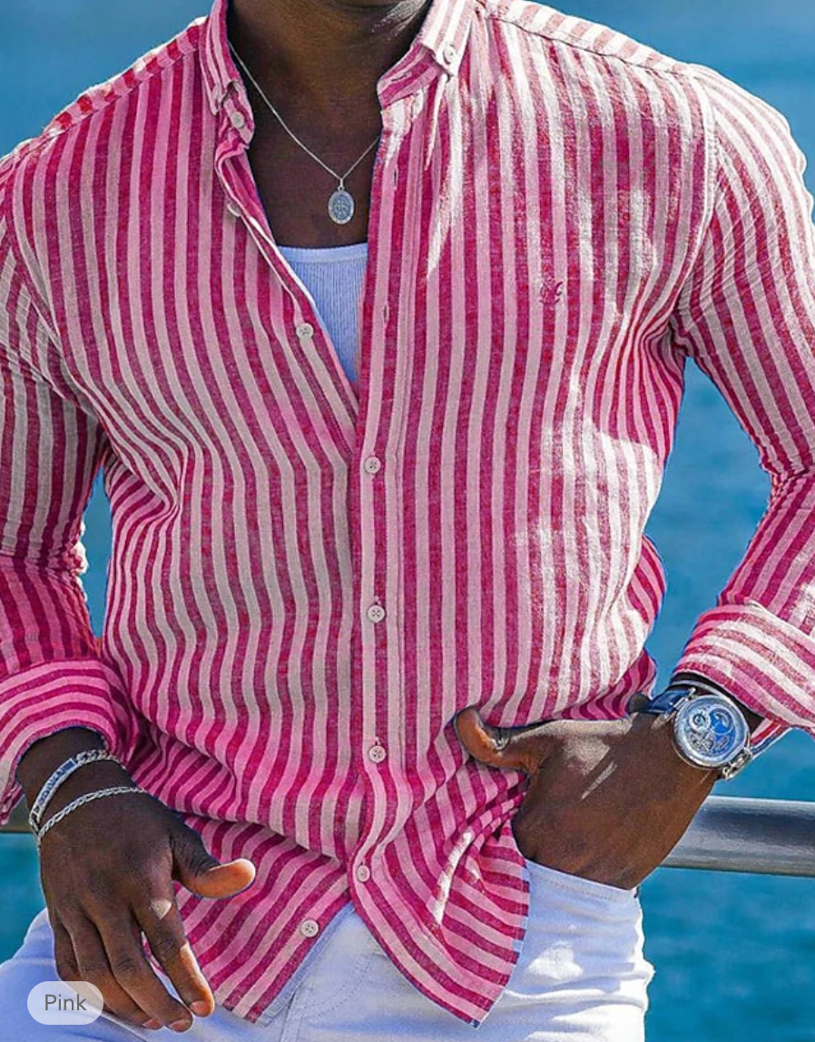 Breathable Cotton Linen Slim Fit Striped Shirt