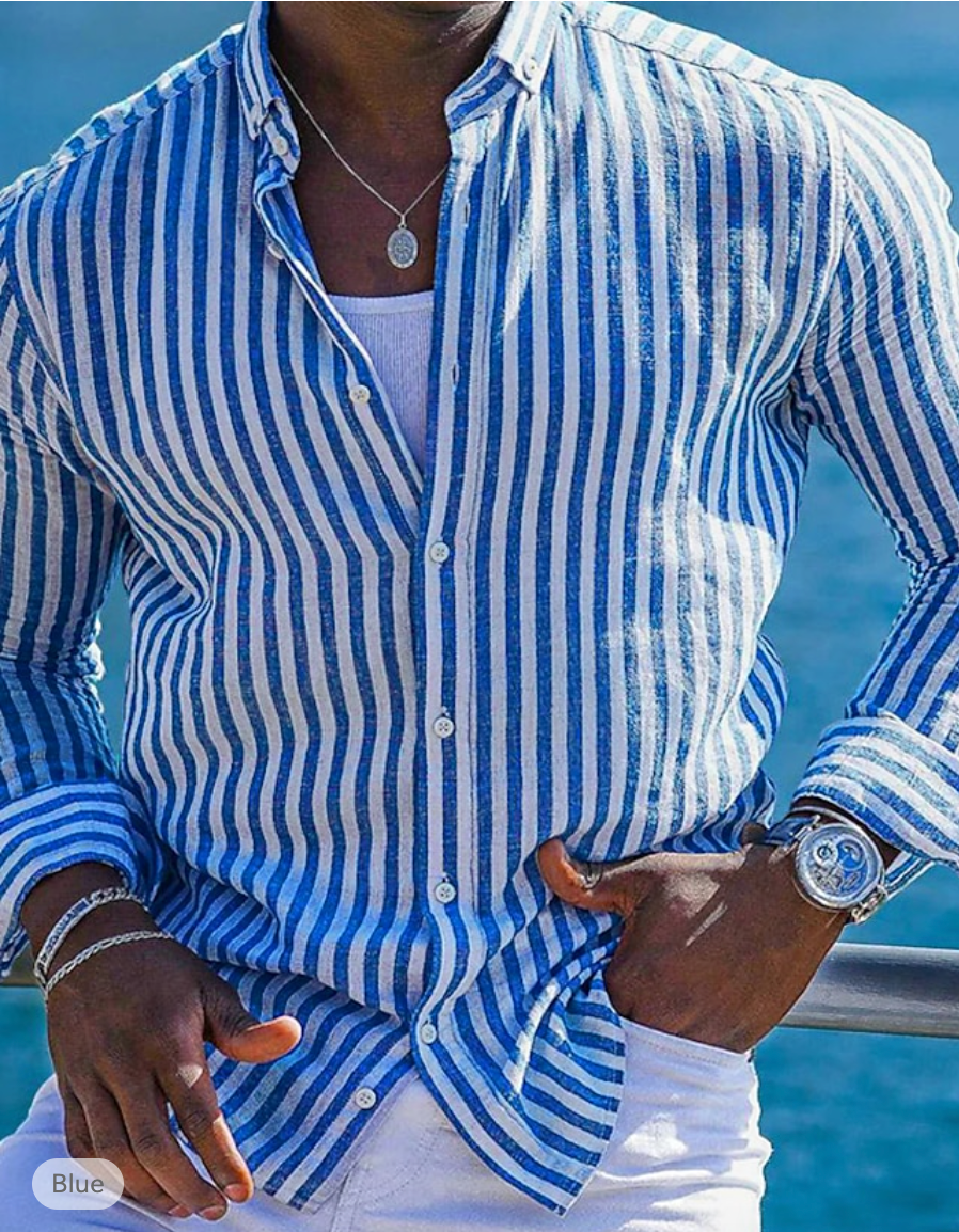 Breathable Cotton Linen Slim Fit Striped Shirt