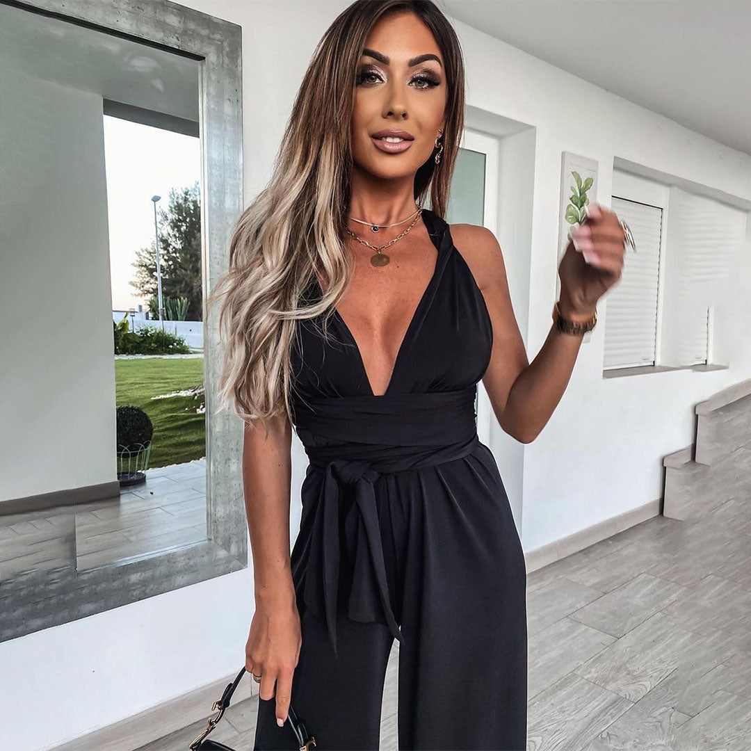 Women's Jumpsuit - Sleeveless with Deep V-Neck - Waist Tie - Wide Leg Fit