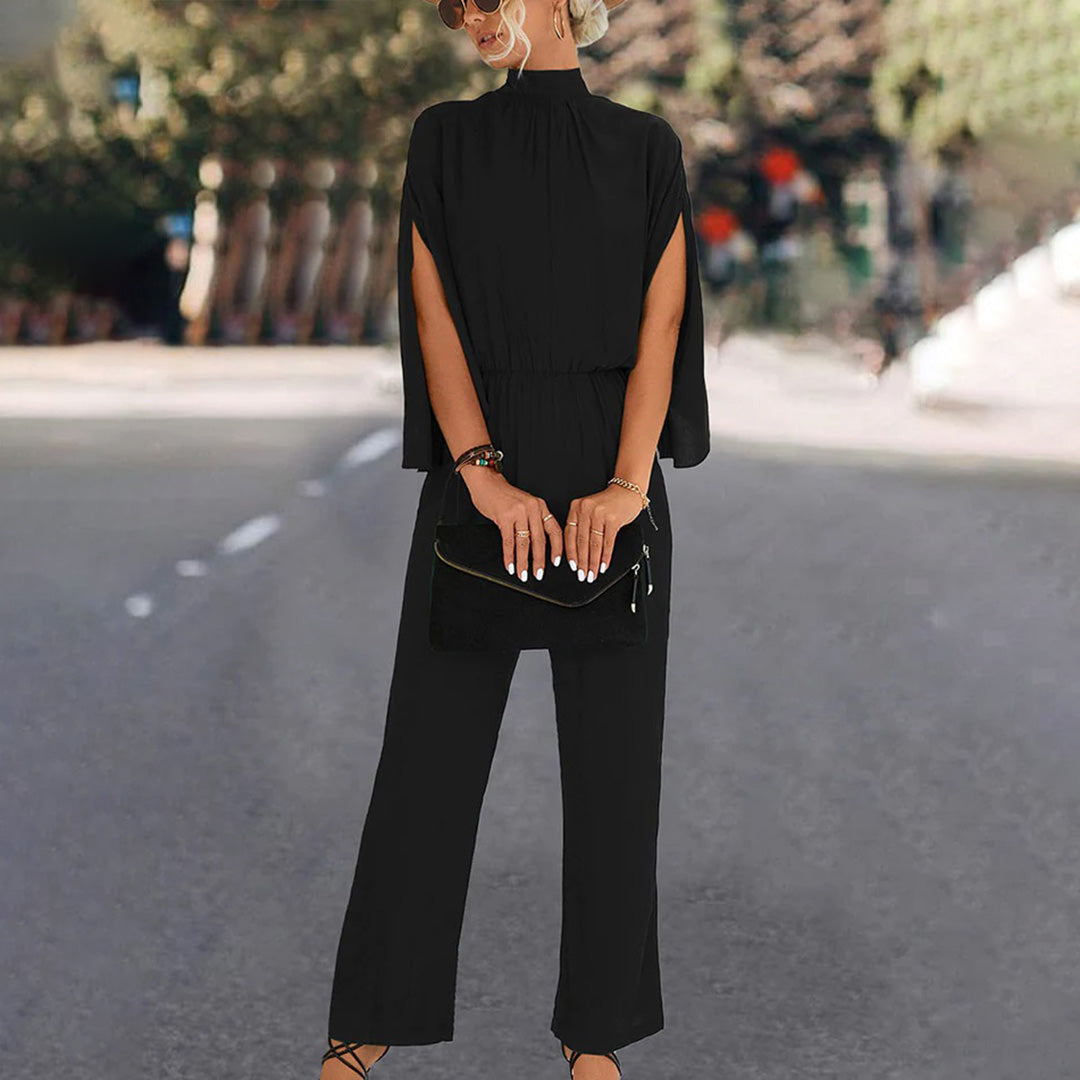 Women's Jumpsuit – High Neck – Slit Cape Sleeves – Fitted Waist – Wide Legs