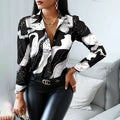 Women's Shirt - Button Closure - Chain Patterned Print - Classic Collar - Long Sleeves