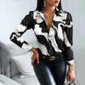 Women's Shirt - Button Closure - Chain Patterned Print - Classic Collar - Long Sleeves