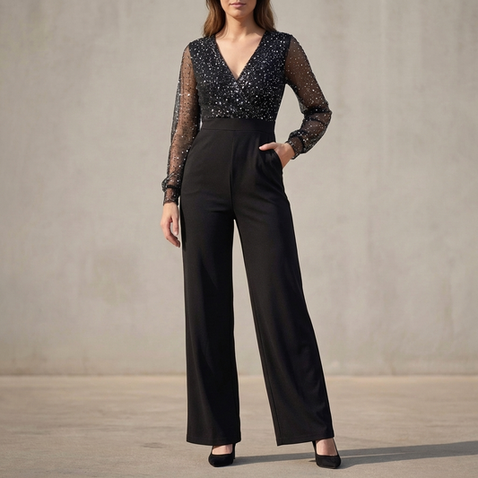 Sophisticated Evening Jumpsuit with Sheer Mesh Sleeves and Rhinestone Detail