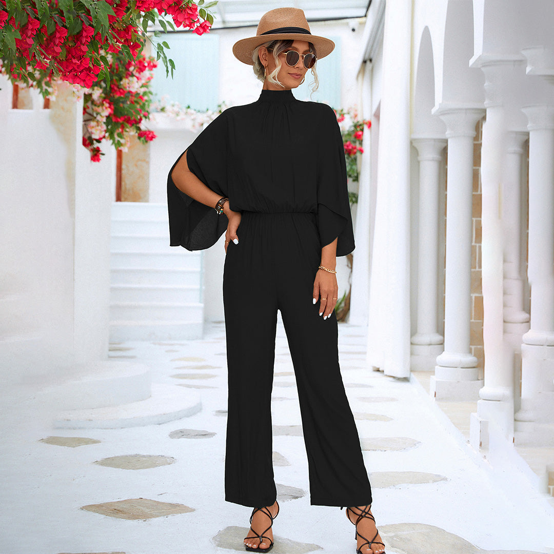Women's Jumpsuit – High Neck – Slit Cape Sleeves – Fitted Waist – Wide Legs