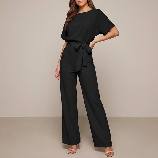 Sophisticated Wide-Leg Summer Jumpsuit with Waist Tie and Short Sleeves