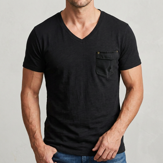 Textured Short Sleeve V-Neck Tee with Buttoned Pocket