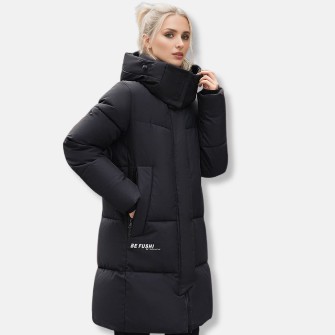 High-Collar Hooded Mid-Thigh Puffer Coat