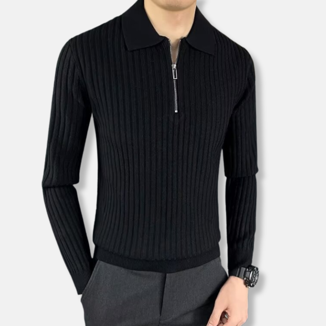 Rib Knit Polo Collar Half-Zip Sweater