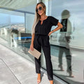 Women's Jumpsuit - Elegant Design - Short Sleeve - Elastic Waist - Comfortable Fit