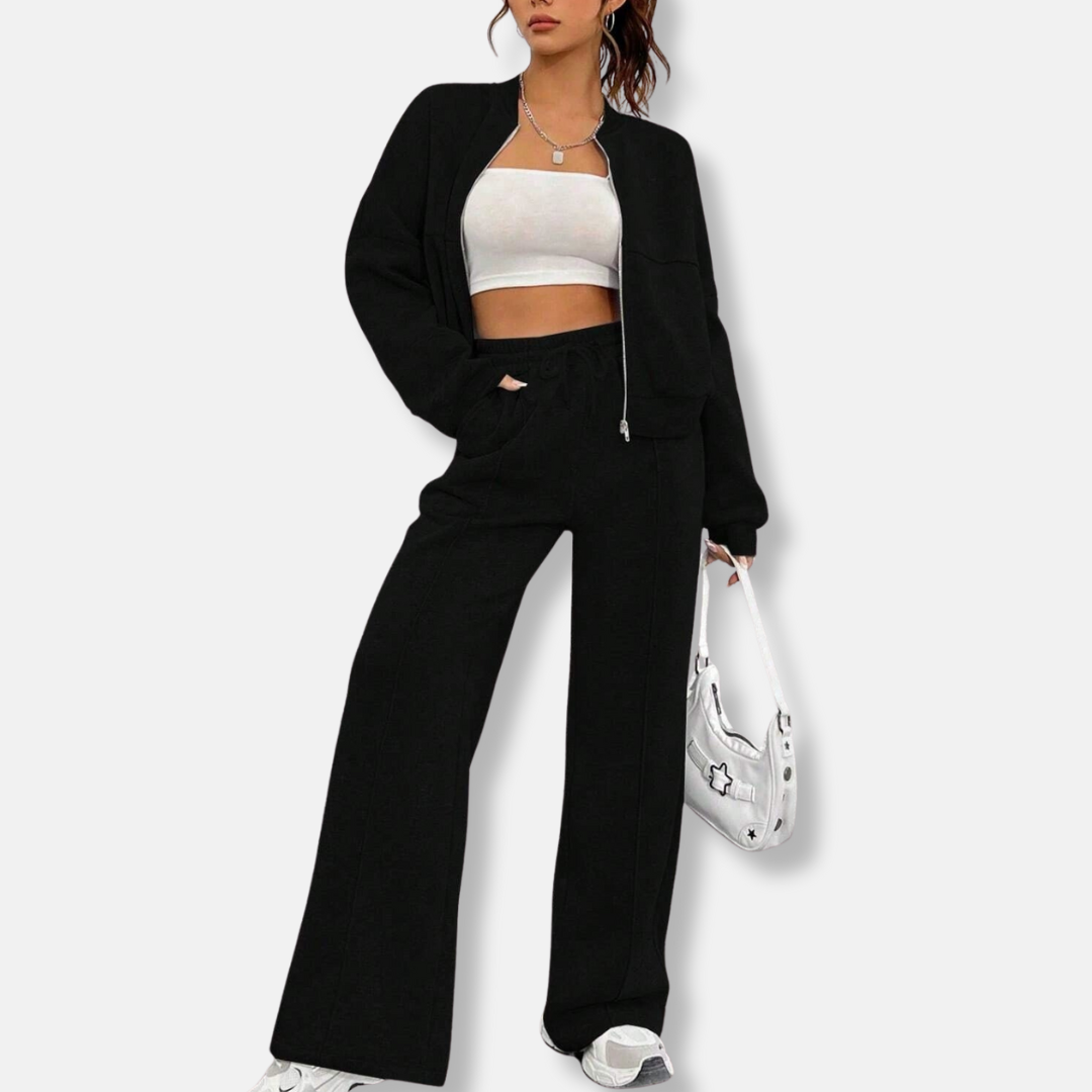 Two-Piece High-Waisted Wide-Leg Bomber Loungewear Set