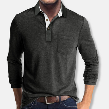 Cotton Blend Long Sleeve Contrast Collar Polo Shirt
