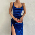 Women's Midi Bodycon Dress - Satin Look - Square Neckline - Spaghetti Straps - High Slit