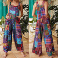 Women's Jumpsuit - Loose Fit - Patchwork Pattern - Long Legs - With Side Pockets