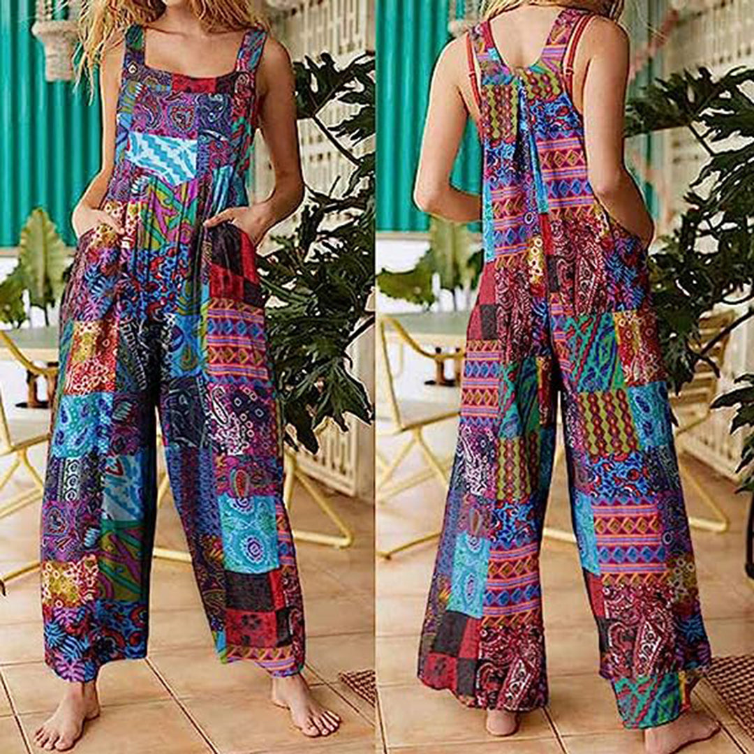 Women's Jumpsuit - Loose Fit - Patchwork Pattern - Long Legs - With Side Pockets