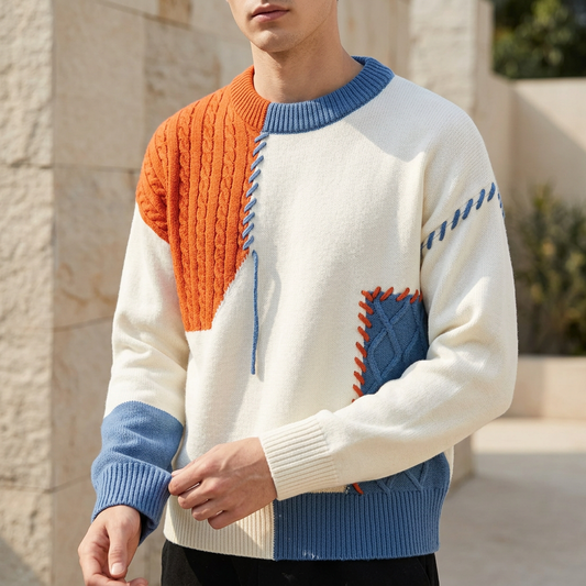 Arden Colorblock Cable Knit Sweater | Contrast Stitch Patchwork Pullover