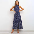 Women's Halterneck Dress - Sleeveless - A-line - Waistband - Light and Airy Long Model