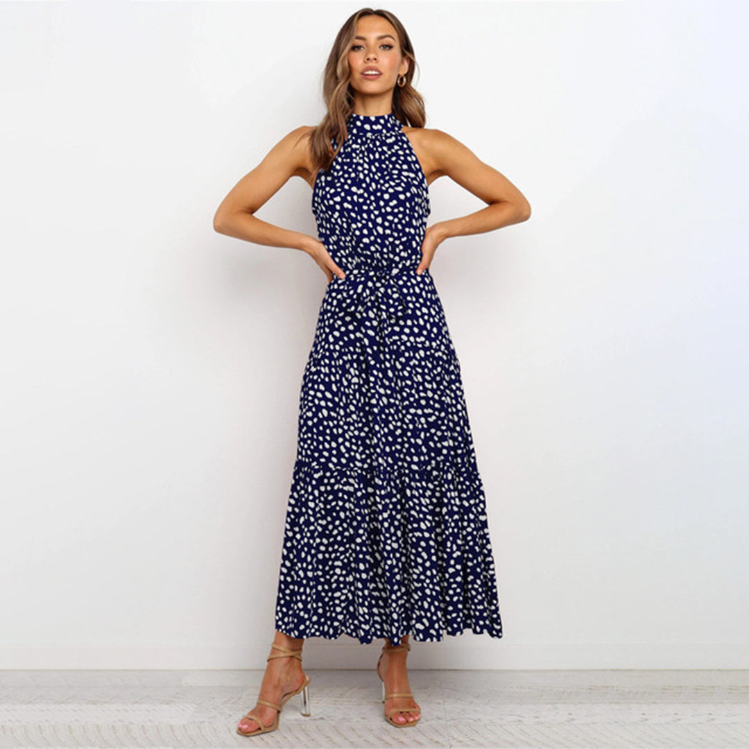 Women's Halterneck Dress - Sleeveless - A-line - Waistband - Light and Airy Long Model