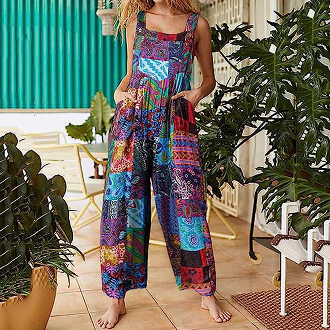 Women's Jumpsuit - Loose Fit - Patchwork Pattern - Long Legs - With Side Pockets
