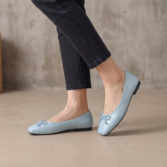 Ivy Quilted Square Toe Bow Detail Ballet Flats | Slip-On Ballet Flats