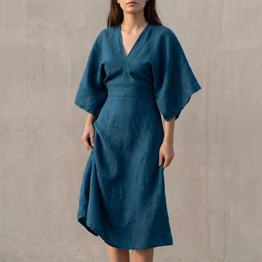 Relaxed Kimono Wrap Dress with Defined Waist and Midi Length
