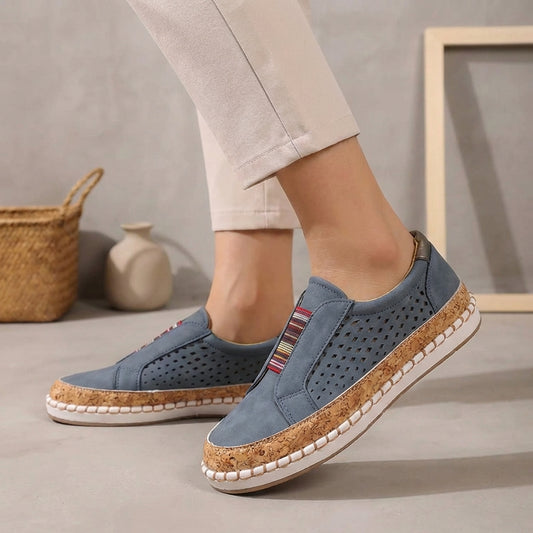 Laser-Cut Slip-On Sneakers with Cork Sole and Woven Detailing