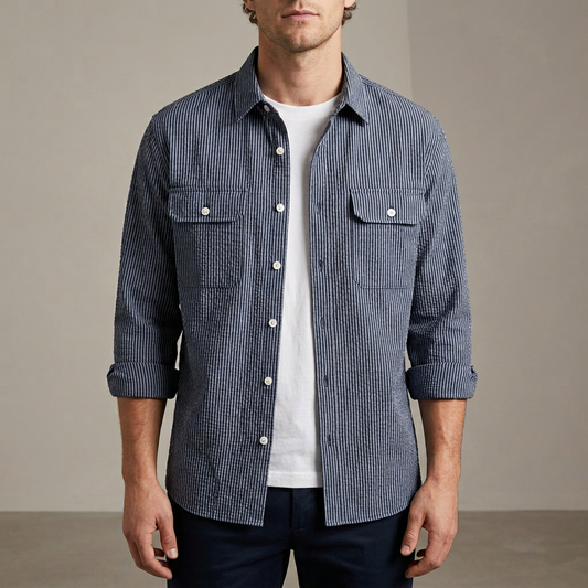 Vertical Stripe Seersucker Relaxed Fit Utility Shirt with Chest Pockets