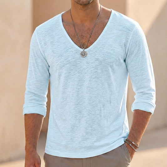 Relaxed Long-Sleeve V-Neck T-Shirt with Textured Slub Fabric