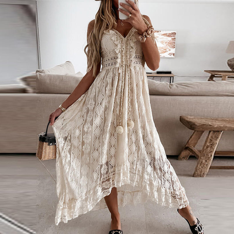 Women's Maxi Dress - Lace & Embroidery - V-neckline - Sleeveless Boho Style
