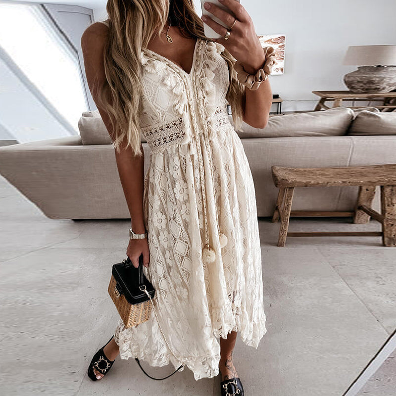 Women's Maxi Dress - Lace & Embroidery - V-neckline - Sleeveless Boho Style