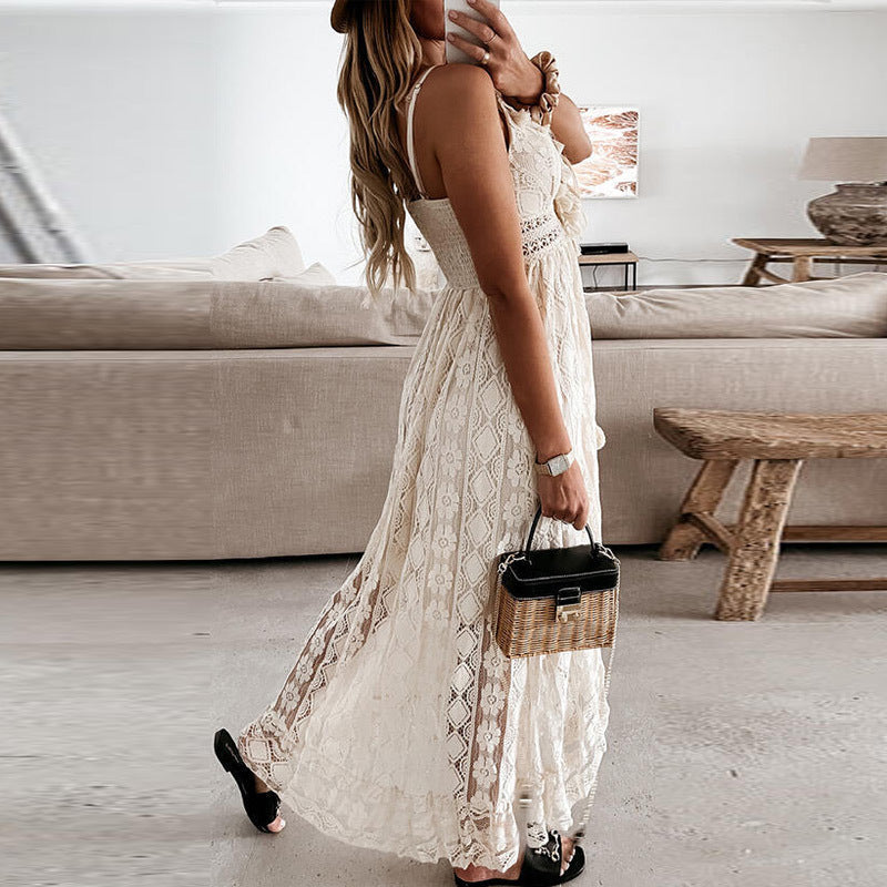 Women's Maxi Dress - Lace & Embroidery - V-neckline - Sleeveless Boho Style