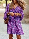 Women's Dress - Bohemian Style - Paisley Pattern - V-Neck - Loose Ruffle Sleeves - Short and Airy