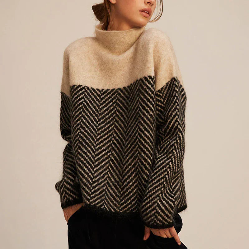 Sophia Wool Oversized Turtleneck Sweater | Color Block Hip-Length Sweater