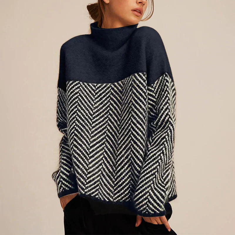 Sophia Wool Oversized Turtleneck Sweater | Color Block Hip-Length Sweater