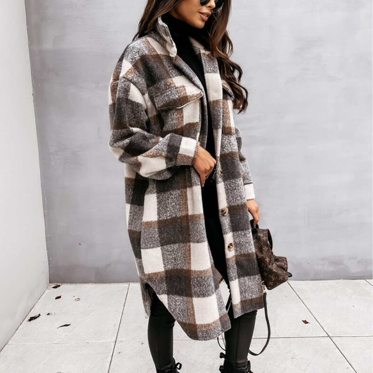 Women's Wool Coat - Long Silhouette - Classic Button Closure - Checked Pattern