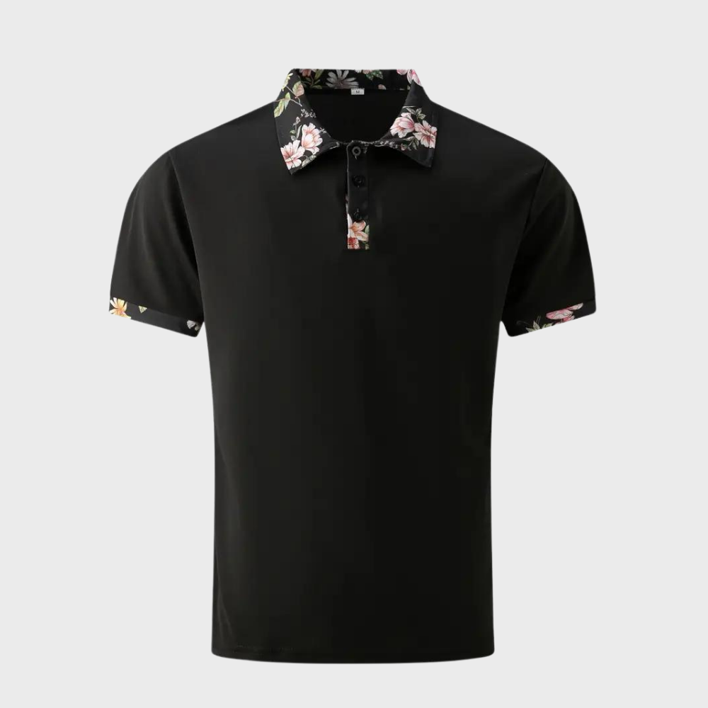 Herre Poloshirt - Slank Pasform - Korte Ærmer - Blomstret Krave og Manchetter