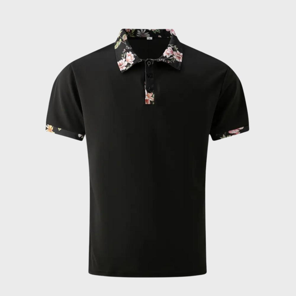 Herre Poloshirt - Kortærmet - Knaplukning - Blomstret Detalje - Casual Fit