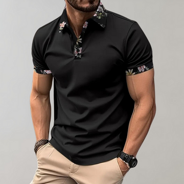 Herre Poloshirt - Kortærmet - Knaplukning - Blomstret Detalje - Casual Fit