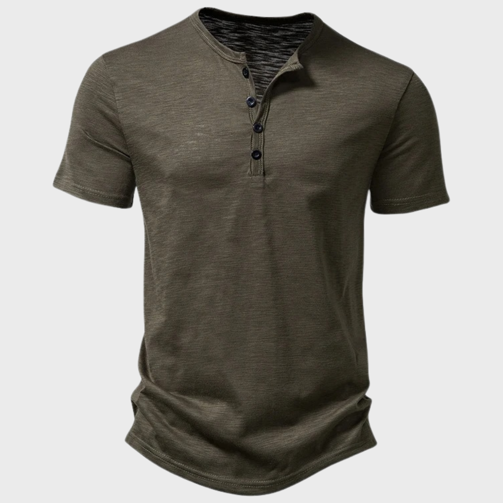 Herre Henley T-shirt - Bomuldsblanding - Knaplukning - Regular Fit - Kort Ærme