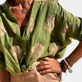 Women's Blouse - Long-Sleeved Loose Fit - Tie Front & Button Closure - Light & Breathable