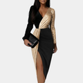 Women's Dress - Bodycon Fit - V-neck Wrap Design - Sequin & Jersey - Midi Length - Slit