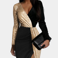 Women's Dress - Bodycon Fit - V-neck Wrap Design - Sequin & Jersey - Midi Length - Slit